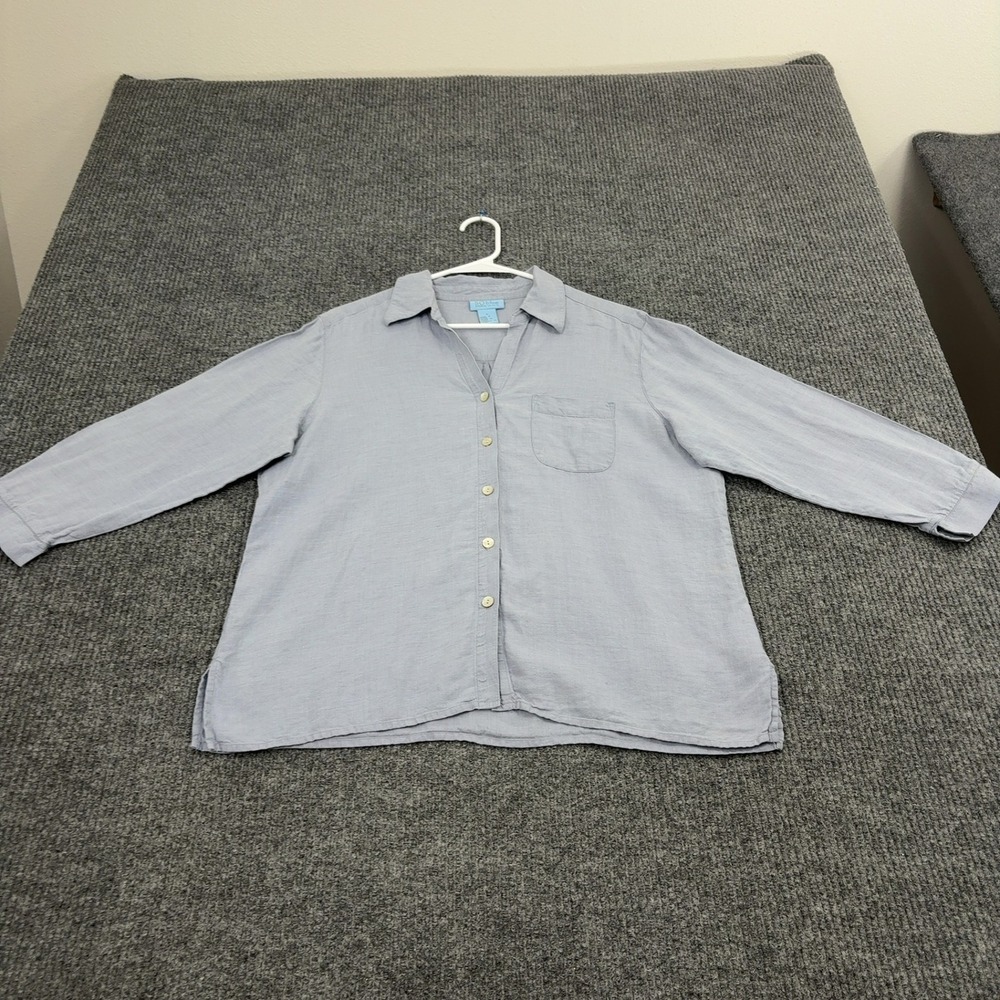 SO Blue Sigrid Olsen Shirt Womens L Blue Linen Button Up Long Sleeve Casual